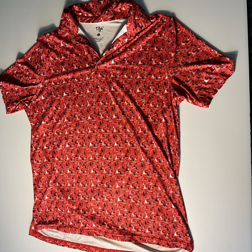 1764 Mens Golf Polo Shirt Large Red Sailboat Nautical Print Performance